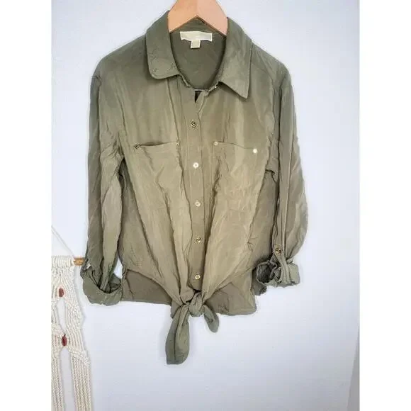 Michael By Michael Kors Shirt Womens Sz S Olive Green Button Tie Front Utility - Picture 2 of 7